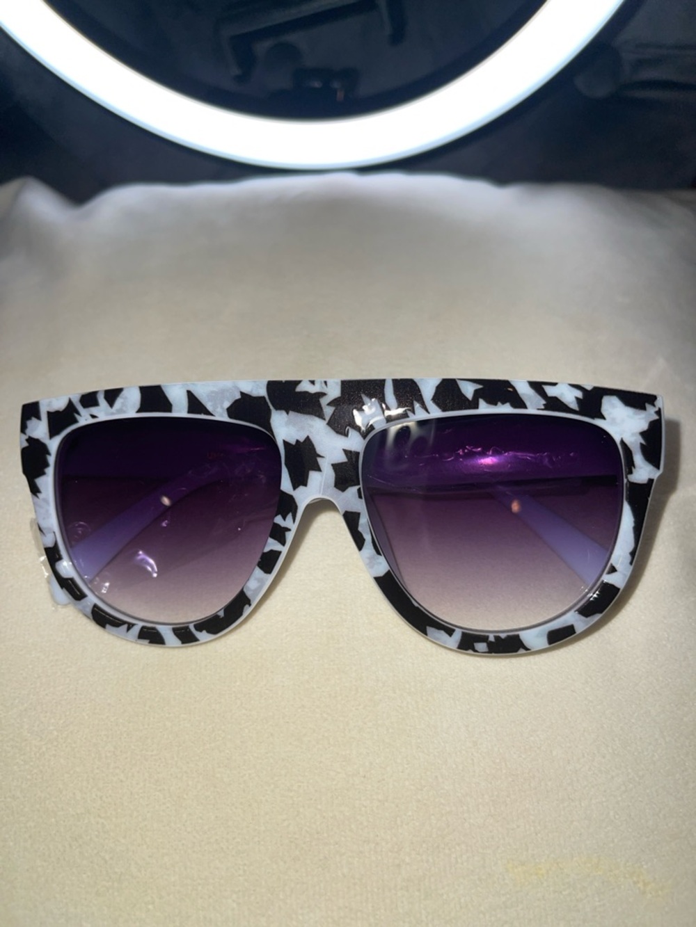 Black & White Pattern Sunglasses with Purple Gradient Lenses